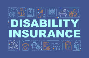 Disability insurance word concepts banner. Health benefits. Damages claim. Infographics with linear icons on violet background. Isolated typography. Vector outline RGB color illustration